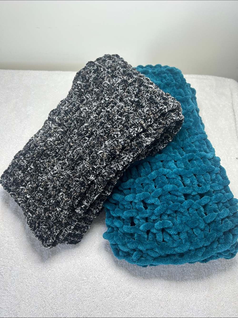 Handmade Super-Plush Turquoise and Charcoal knitted Scarves - Set of 2